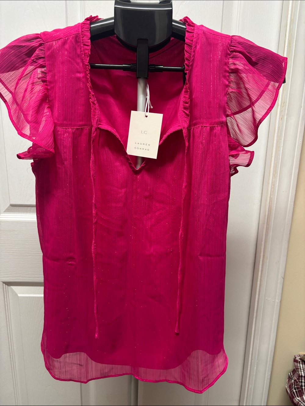 LC Lauren Conrad Hot Pink Sheer Ruffle Sleeve Blouse Metallic Stripes Small New